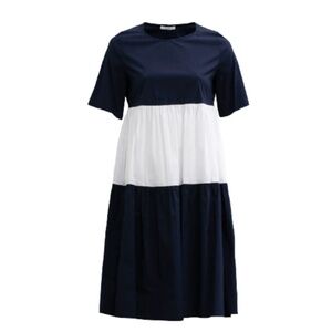 Hubert Gasser Babydoll Colorblock Dress Womens 42 Medium Navy Blue White Stripe